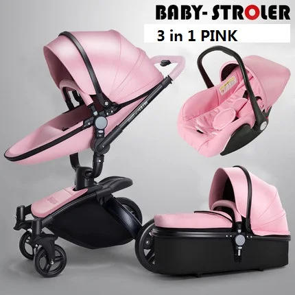 Aulon babyfond искусственная кожа 360 градусов вращения детская коляска, kinderwgen, 3 в 1 система путешествия сиденье с люлькой детская коляска - Цвет: 3 in 1 pink