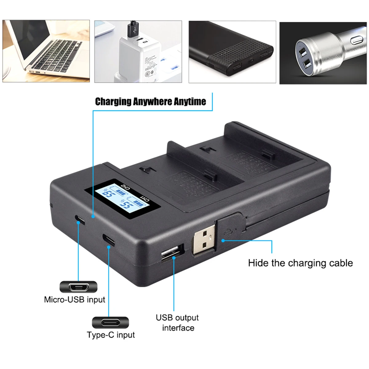 ЖК-дисплей USB вход Двухканальное зарядное устройство для камеры для NP-F970 батареи камеры