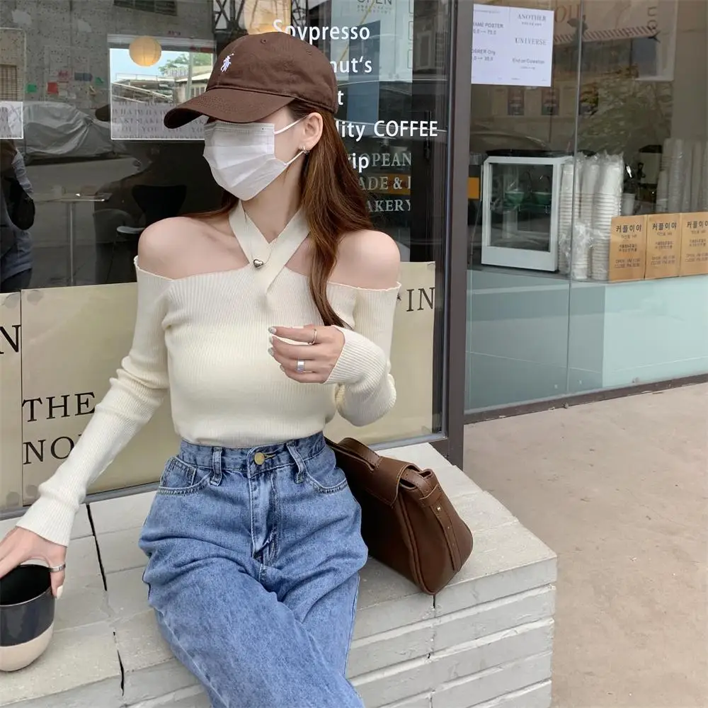 

Autumn Vintage Women's Knitted Top Ladies Halter Pure Color Strapless Slim Solid Sweater Korean Clothing