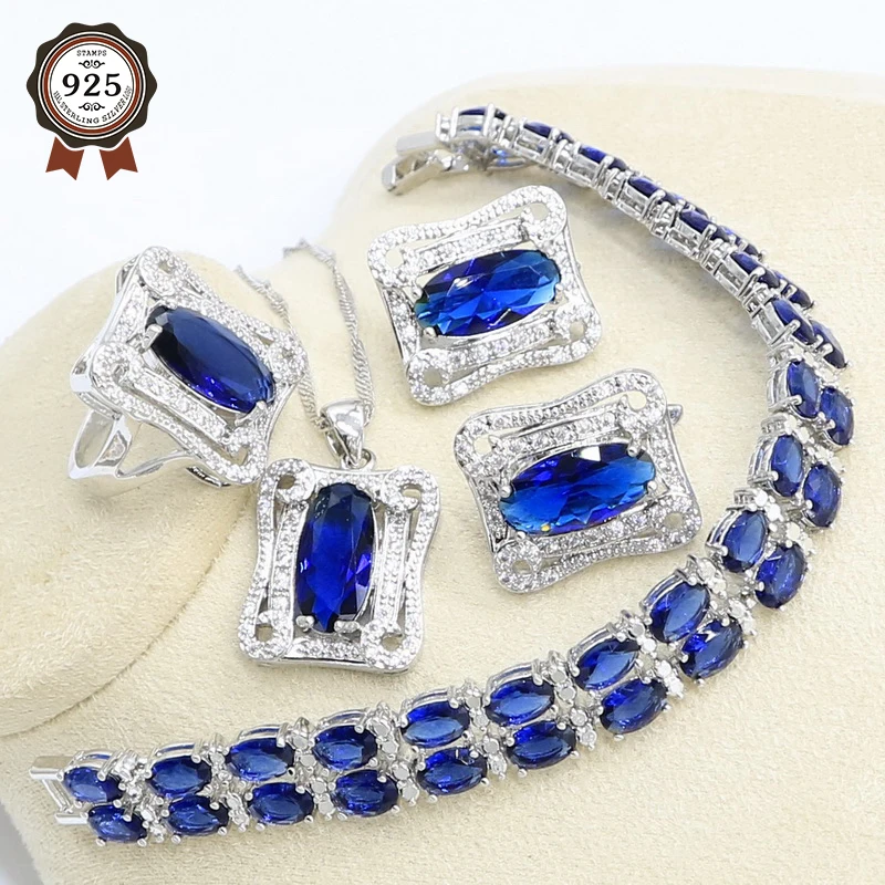 Геометрический синий сапфир 925 серебро набор украшений для женщин пробы с