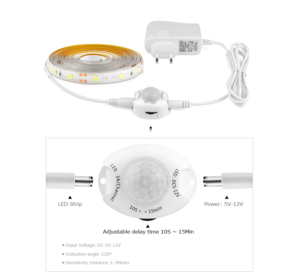 IP65 SMD 5050 2835 Светодиодный лента Диодная лента DC 12 В PIR датчик движения светодиодные полосы света ЕС США адаптер 1 м-5 м клейкая светодиодная кухонная лампа