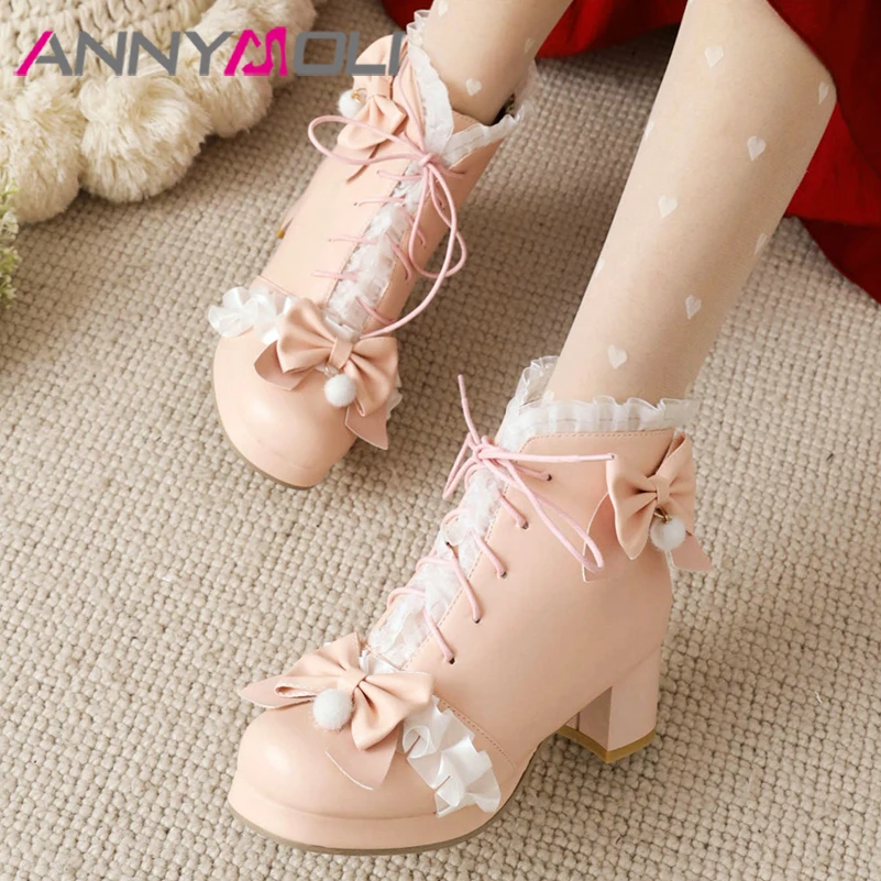 

ANNYMOLI Women Shoes Lolita Style Ankle Boots Bow Thick High Heel Boots Round Toe Lace Up Lady Fashion Footwear Pink Beige 33-44