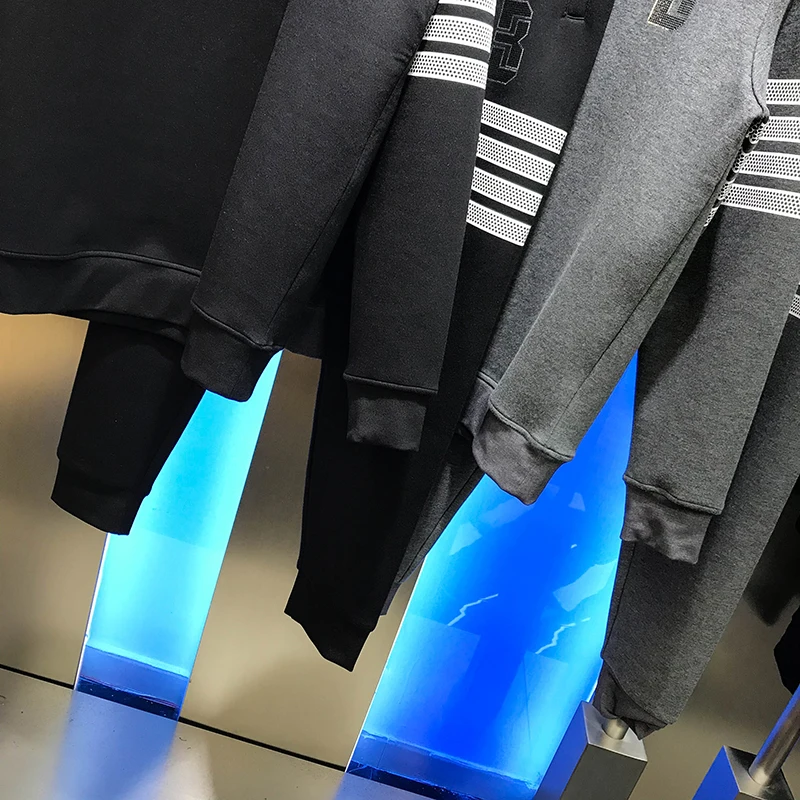 

2020 men's autumn new casual solid color letter laser bead stripe splicing long sleeve pants two piece fashion men's set