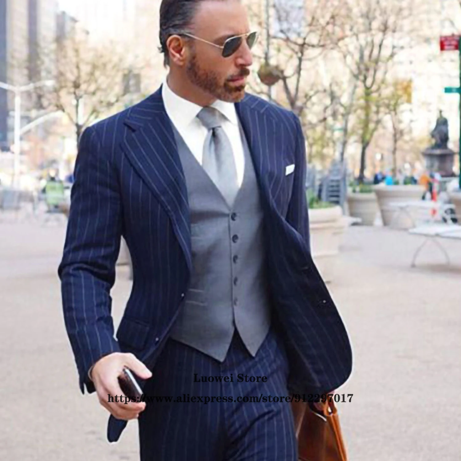 

Mens Suits Classic Stripe Slim Fit Business Blazer Notched Lapel 3 Piece Sets Wedding Groom Tuxedo Ternos (Jacket+Vest+Pants )