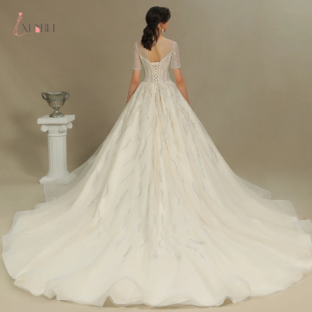 2021 New Arrivals 100% Real A Line Wedding Dresses O Neck Beading Sequins Short Sleeves Mariage Bride Dresses Custom Dresses