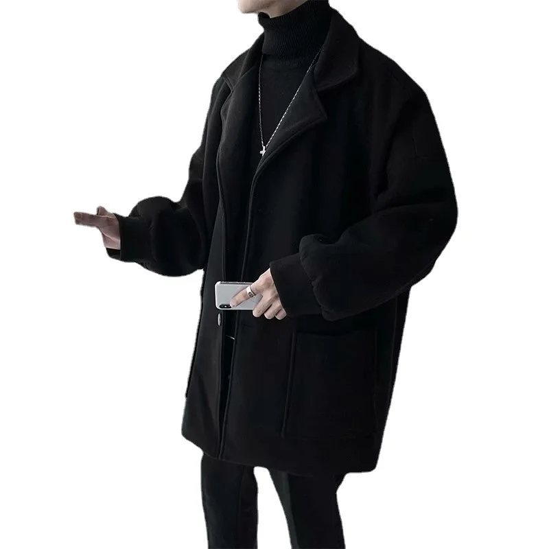 Мужское шерстяное пальто приталенное черное корейское зимнее | Мужская одежда