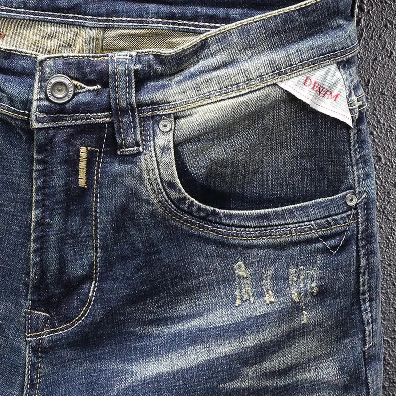 European Vintage Fashion Men Jeans Retro Blue Elastic Slim Fit Ripped Jeans Men Distressed Plain Designer Casual Denim Pants