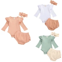 0 18m toddler baby infant girl autumn clothing set 3pcs long sleeve solid kintting romper top shorts headband 3colors outfit set