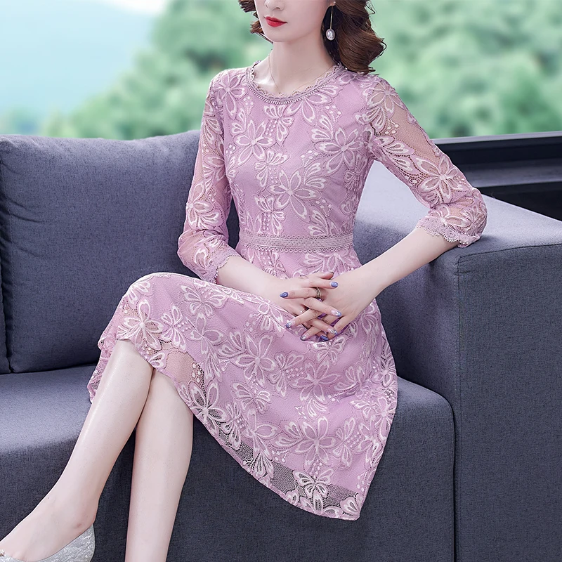 

Dresses for Women French Pink Purple Lace Dress Mid-length Spring 2021 New Round Neck Hollow Long Sleeve Party Dress Elegant
