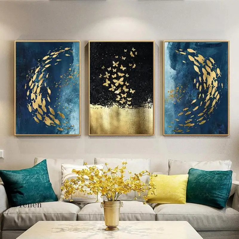 

Wall Decoration Abstract Animal Art Poster Golden Fish Butterfly Canvas Painting Blue and Print Pictrue Living Room Decor