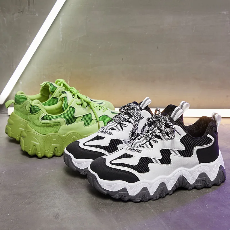 Женские кроссовки на платформе Fujin зеленые и черные вулканизированной подошве