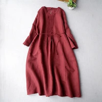 spring autumn women loose plus size vintage accordion pleated comfortable water washed cotton linen dresses wh belt