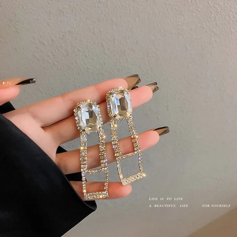 

925 Silver Needle Korean Light Luxury Atmosphere Diamond Inlaid Geometric Rectangular Minority Design Sense Earrings Female