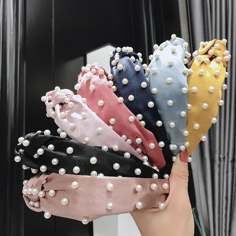 

Free Shipping Pearl Cloth Hair band For Women Turban Hair Hoop Elastic Headband Fashion Intermediate Knot Bezel Hair Accessories