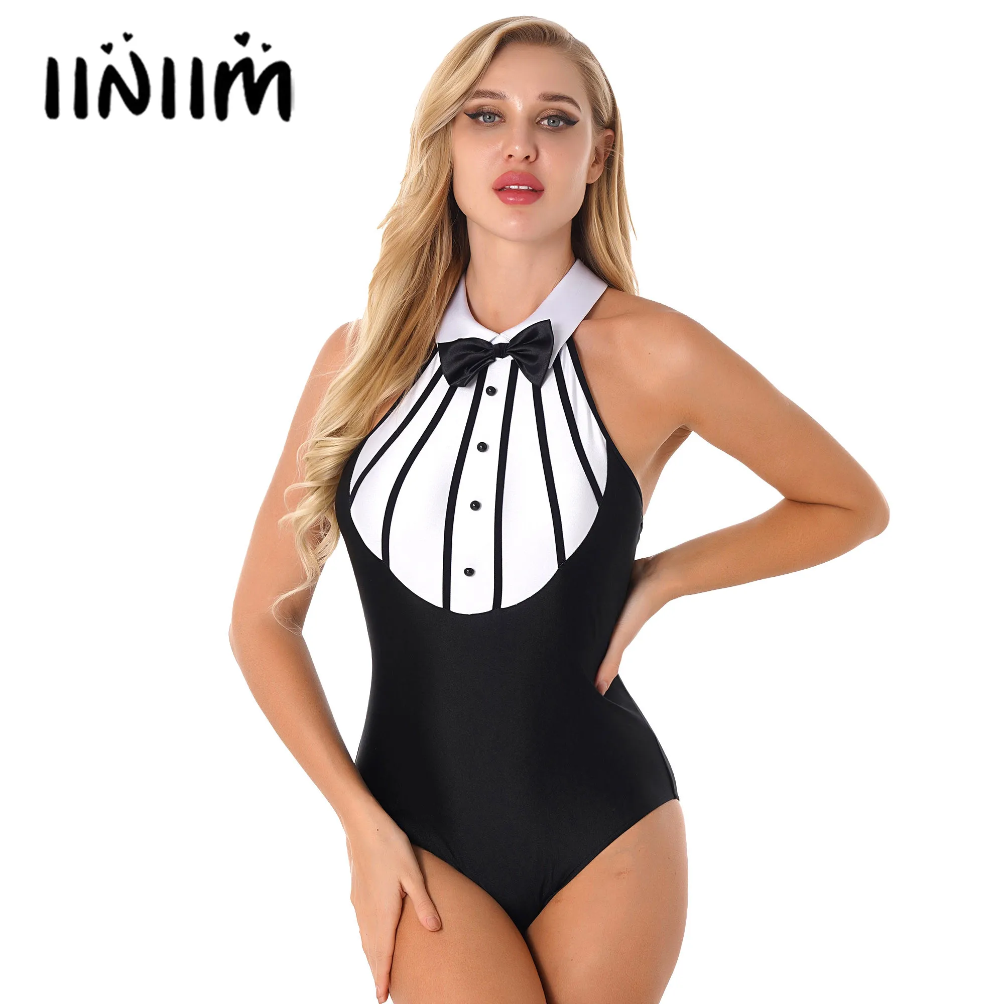 

Женский костюм горничной, нижнее белье, сексуальный костюм официантки для косплея, костюм с отложным воротником, Полосатый боди с вырезами ...