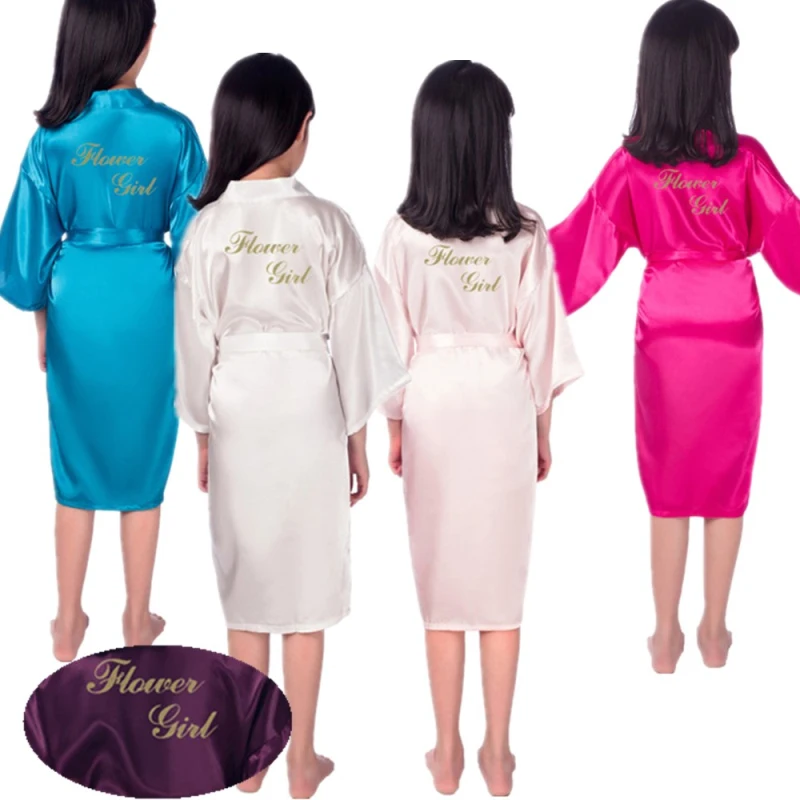 

Оптовая продажа, атласные шелковые халаты для девочек с золотыми буквами и цветами, детское кимоно, детские халаты