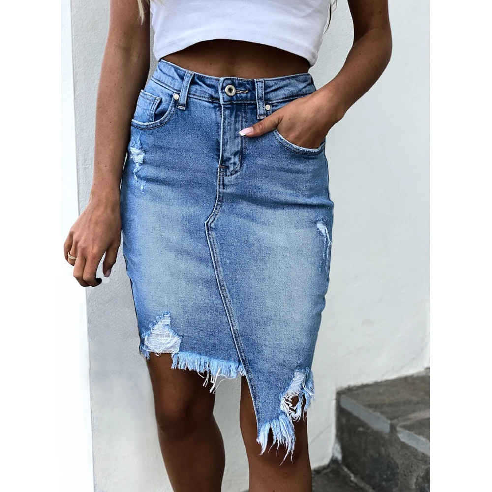 

Woman Fashion Retro Washed Irregular Denim Skirt Female Summer High Waist Denim Skirts Elastic Bodycon Hip Summer Jeans Skirts