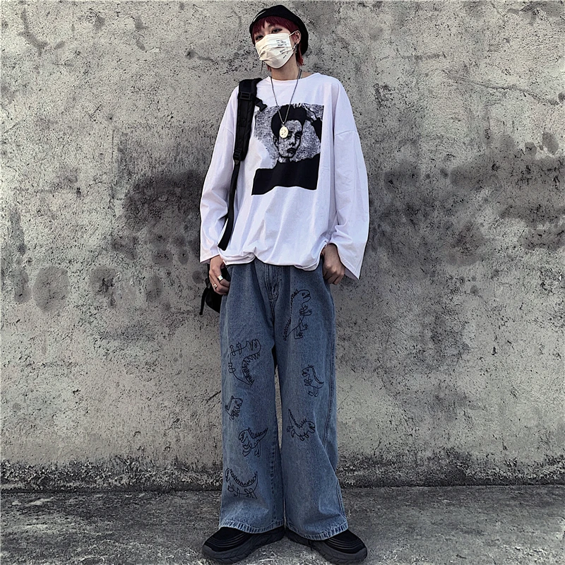 Джинсы женские с принтом динозавра милые свободные штаны завышенной талией