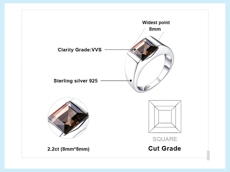 Jewelrypalace Для мужчин площади 2.2ct подлинная дымчатый кварц обручальное кольцо стерлингового серебра 925 Обручальное кольцо для Для мужчин модные Аксессуары