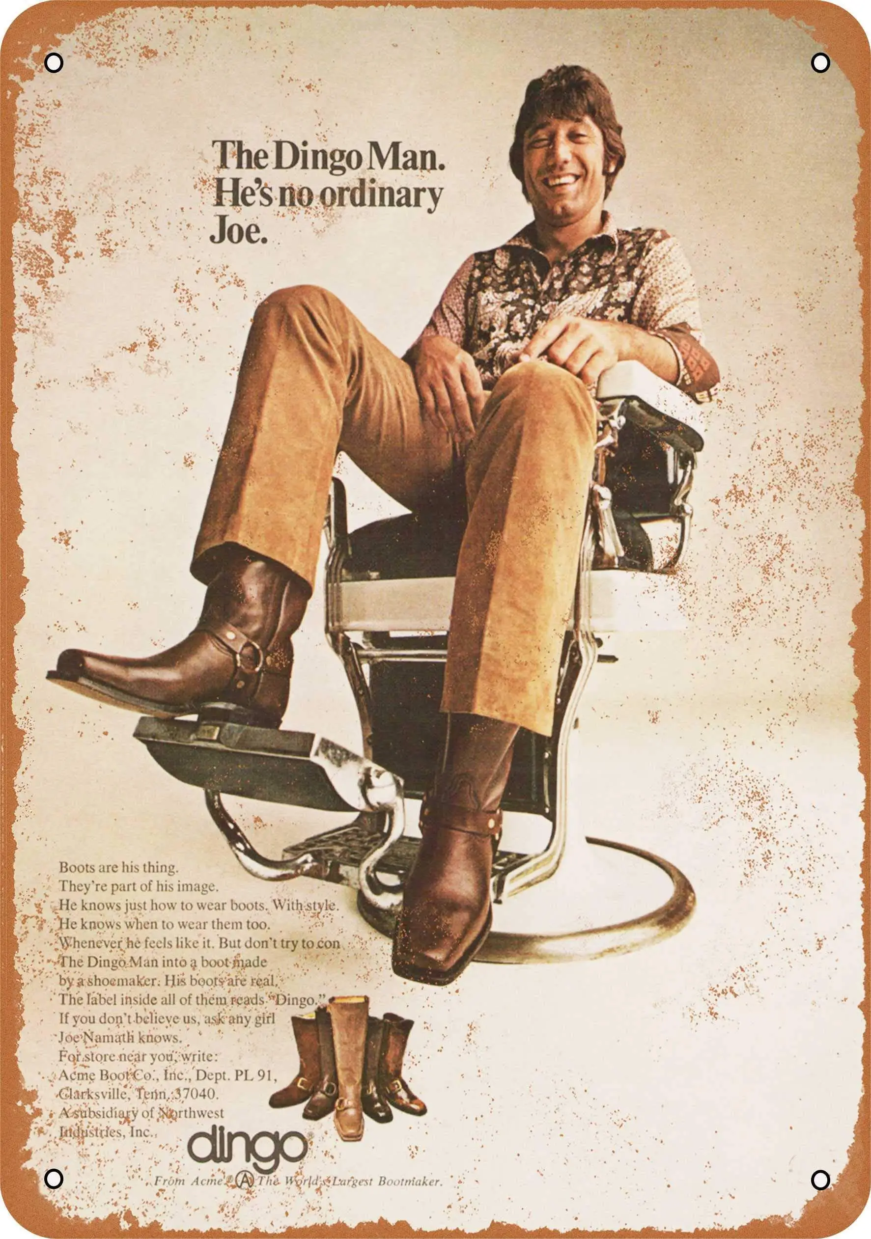 

SLALL 1971 Joe Namath Dingo Boots Retro Street Sign Household Metal Tin Sign Bar Cafe Car Motorcycle Garage Decoration