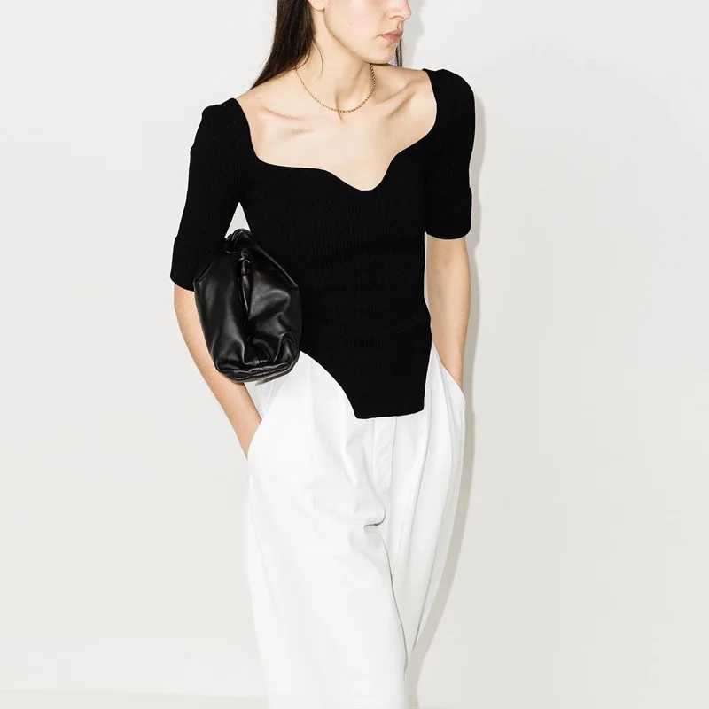 

DEAT Knitting Sweater Slim Square Neck Half Sleeve Women Black Hollow Out Striped Pullovers New Fashion Tide Summer 2021 7E293