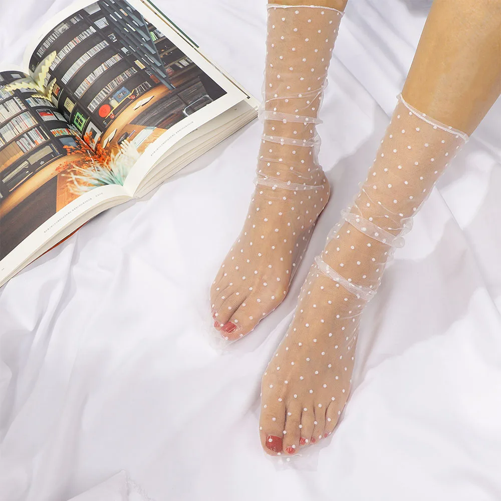 1pair Sexy Dot Lace Socks Women Transparent Mesh Ankle Socks Ladies Ultra-Thin Princess Tulle Socks Female Meias