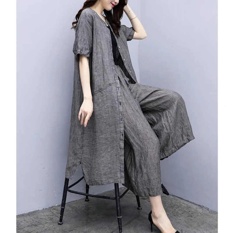 

2021 Summer Fashion New High-Quality Women's Striped Cardigan Top + Wide-Leg Pants Casual Three-Piece Suit Trend H134