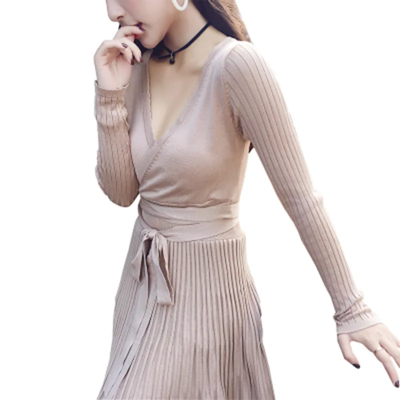 Женское трикотажное платье свитер с длинным рукавом и V образным вырезом|Женские