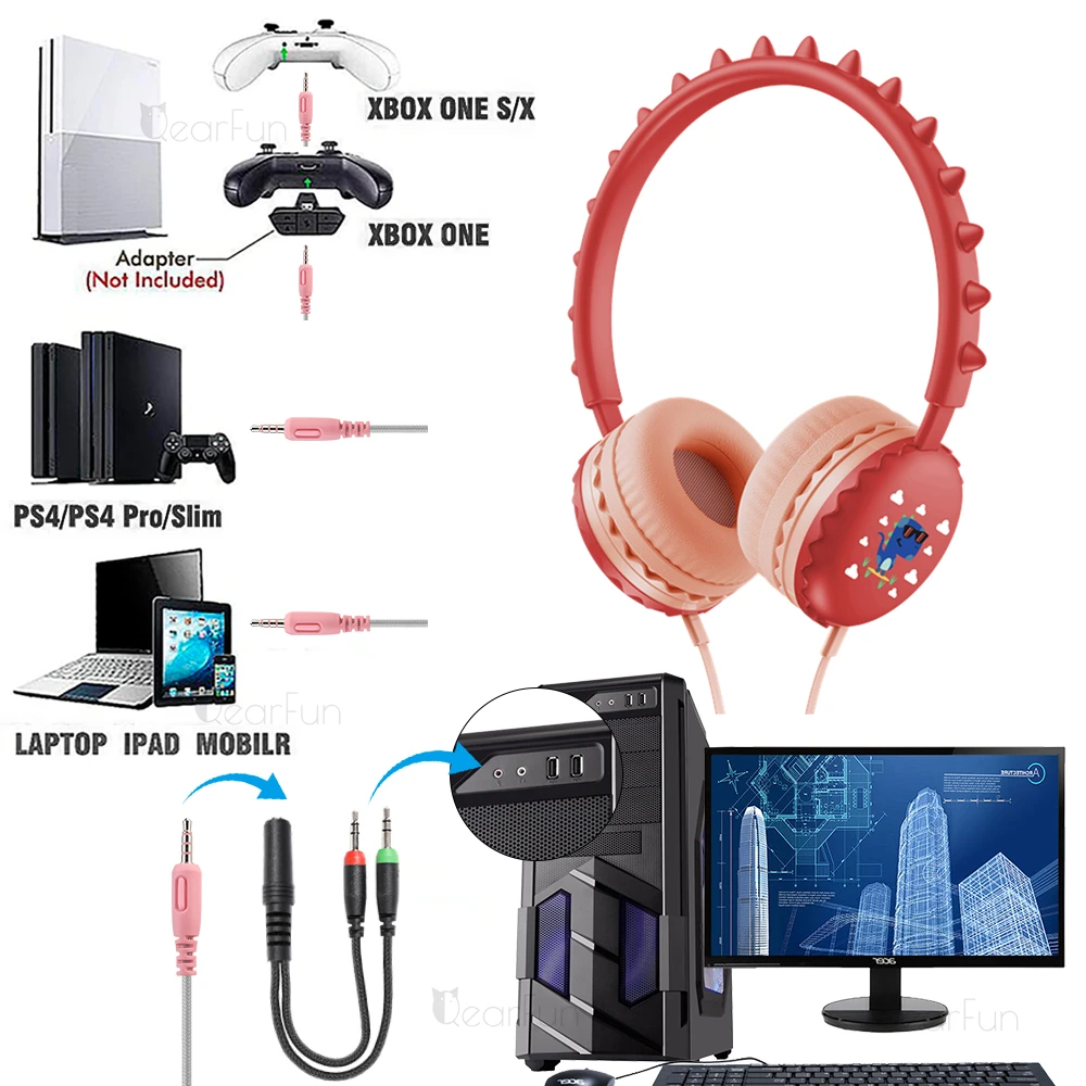 Qearfun Симпатичные детские наушники с микрофоном ПК гарнитура динозавра для