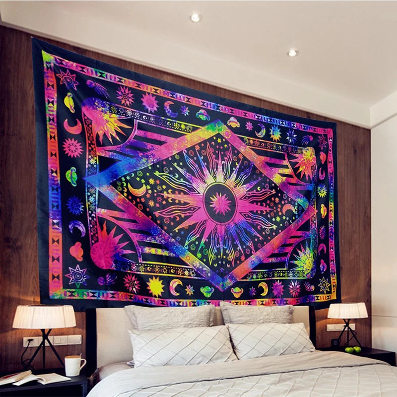 Фиолетовый горящий Солнечный психоделический гобелен с растением богемный
