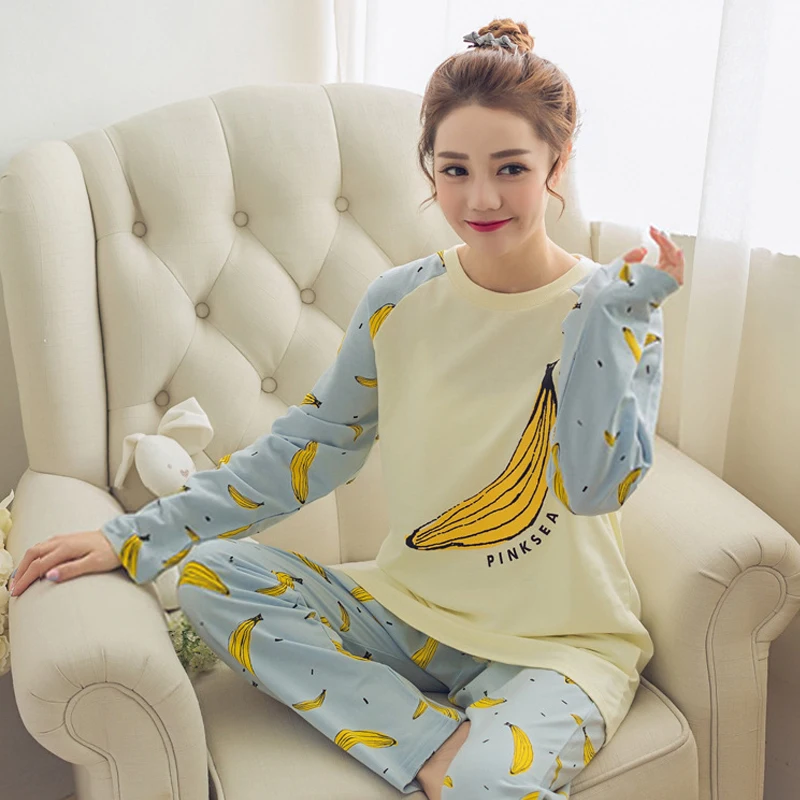 Зимние хлопковые Пижамные комплекты для женщин с длинным рукавом мультяшный