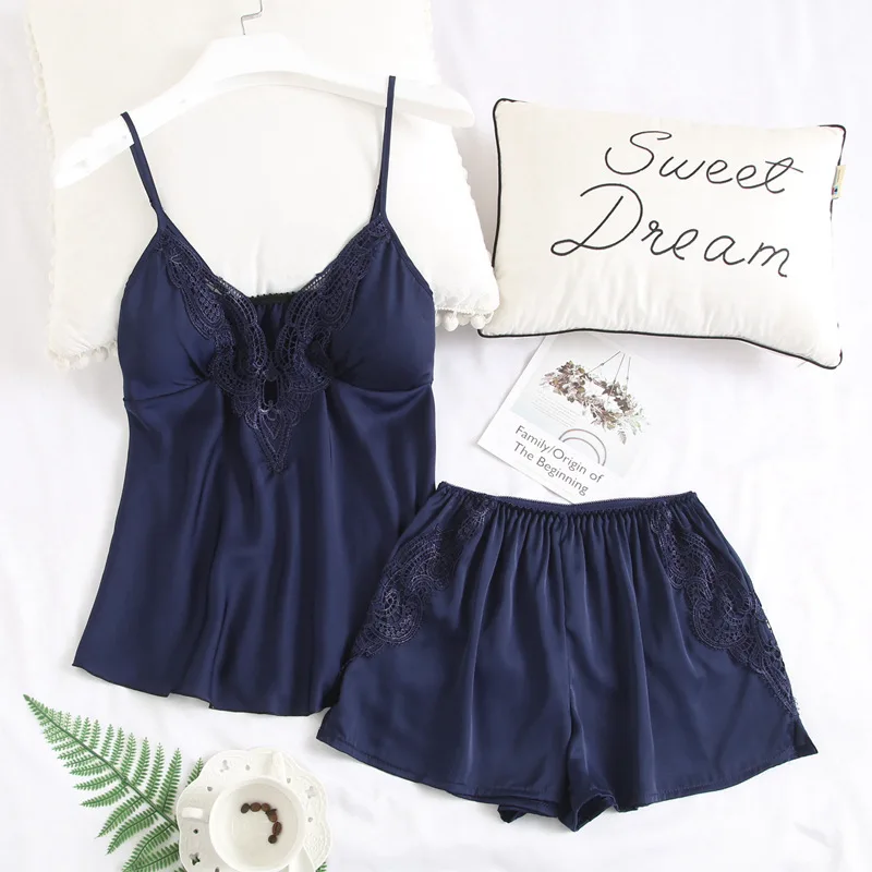 2019 Пижамный комплект для сна женщин с шортами Сексуальная атласная пижама ночное