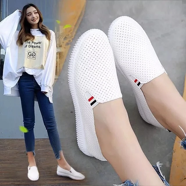 Women Sneakers White Flats Cut-Out Woman Loafers Pu Leather Slip on Shoes Low Heels Casual Shoes
