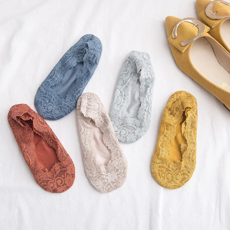 

New Arrival 5 Pair Women Lace No Show Socks Thin Low Cut Non Slip Boat Socks for Summer