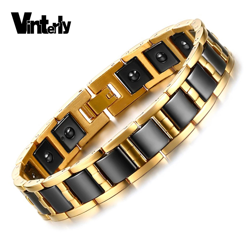Магнитный браслет Vinterly Healing Energy из нержавеющей стали золотого цвета черные