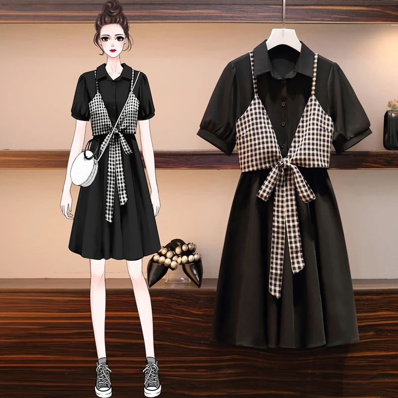 

4XL Plus Size Women Casual Dress Summer 2021 Fashion Plaid Bandage Vest Patchwork Puff Short Sleeve Loose Black Shirt Dresses