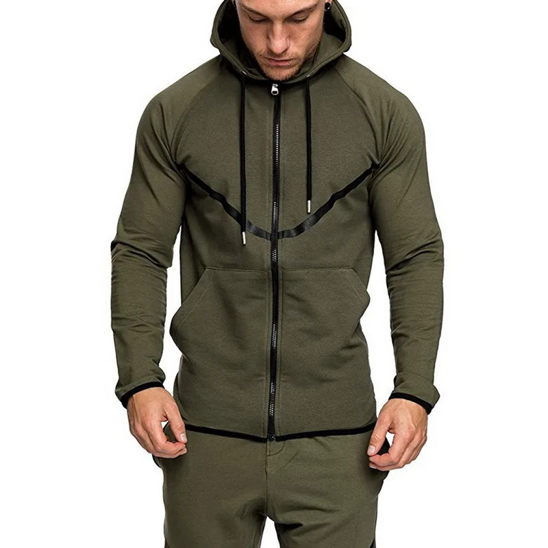army green top B HEFLASHOR, мужская спортивная одежда на шнурке, модный однотонный спортивный костюм, Толстовка и штаны, повседневные толстовки на молнии, верхняя одежда - Цвет: army green top B