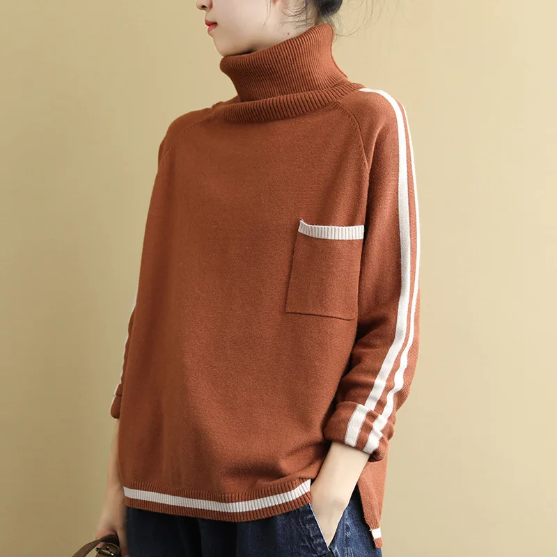 Женский вязаный свитер с высоким воротом Свободный пуловер карманами на каждый