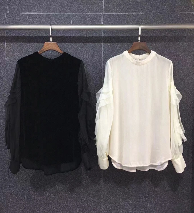 

2021 new women fashion round neck sleeves irregular ruffle stitching velvet long-sleeved all-match blouse 1013