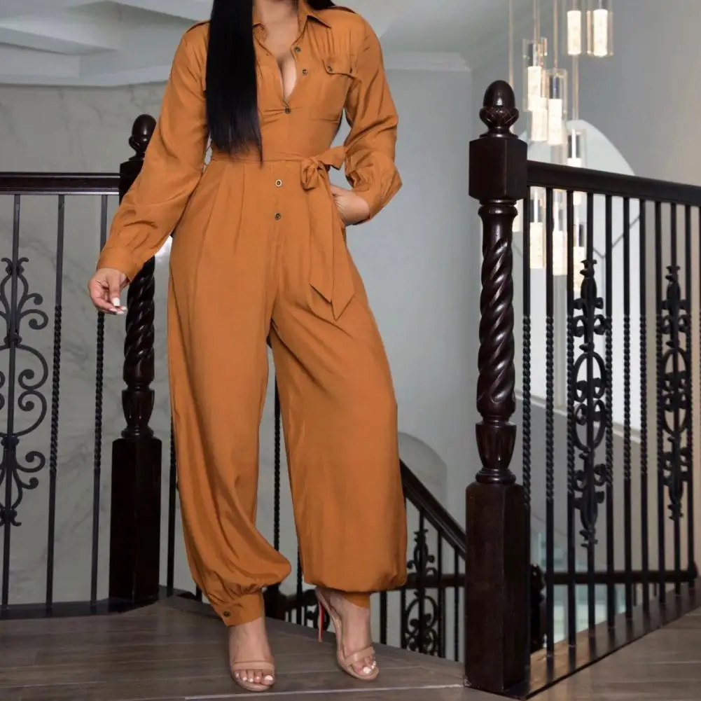 

2021 Hot Sale Women Jumpsuit Solid Color Turndown Collar Autumn Lapel Ankle Tied Jumpsuit for Dating