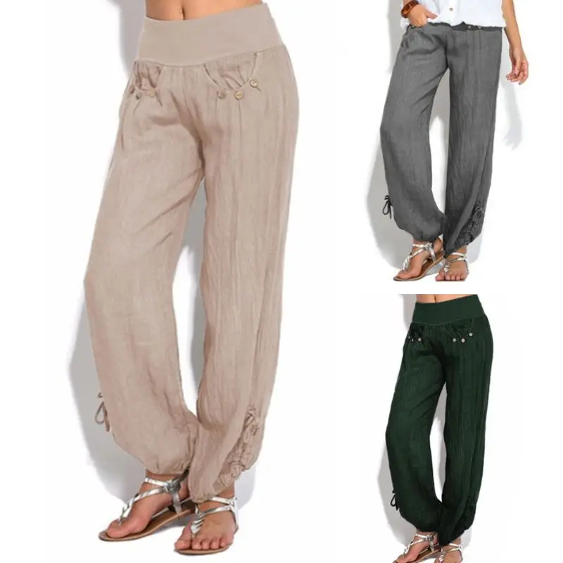 

Women Casual Linen Harem Pants Loose Baggy Wide Leg Long Trousers Plus Size D08E