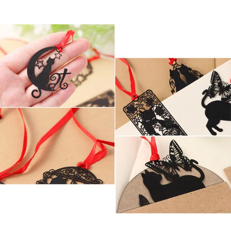 

HOT 2Pc/set Metal Black Cat Bookmark Holder Paper Marker Metal Hollow Bookmark Stationery Gift Supplies