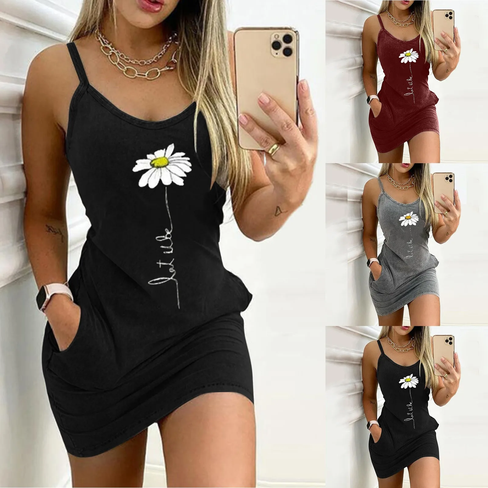 

53# Women's Plus Size Women Clothing Vest Printed Waist Waist Sleeveless Dress V Neck Dress Vestidos De Mujer Casual Boho Dress