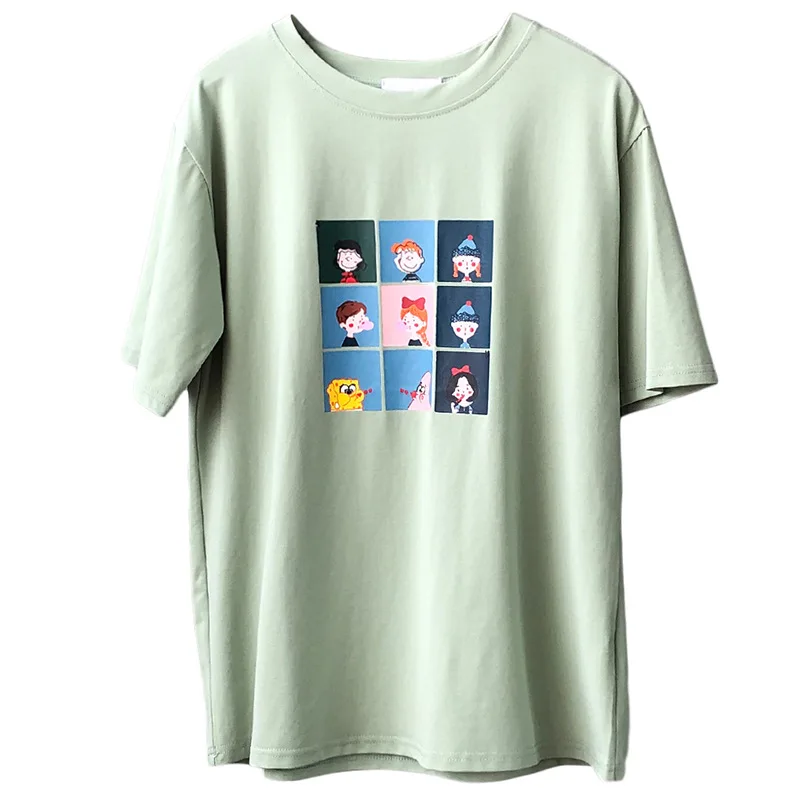 

Yeeloca Cartoon Printed Short Sleeve T-shirt Female 2021 Summer New Korean Casual Pullovers Loose Round Neck Top