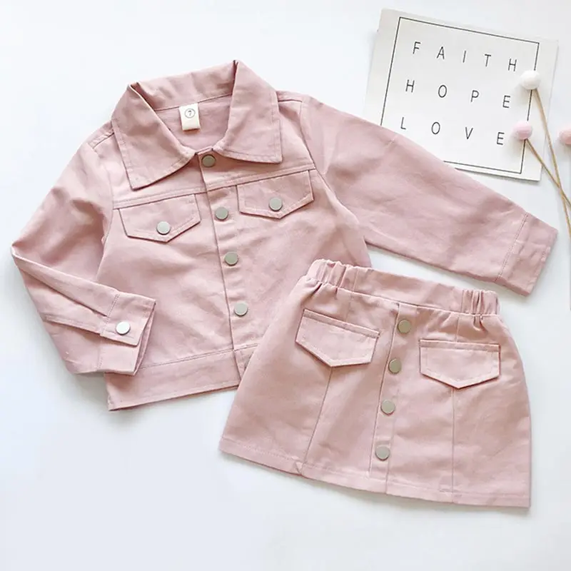 AH043 pink Повседневный весенний комплект одежды для девочек, однотонный жакет на пуговицах с длинными рукавами, костюм с юбкой комплект одежды из 2 предметов, Детское пальто, комплект с юбкой - Цвет: AH043 pink