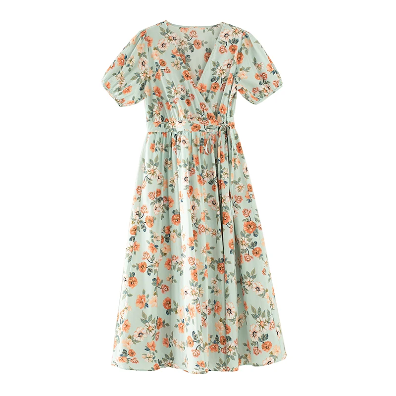 

Flowers Long Dress 2021 Summer New French V-Neck Puff Sleeve Waist Pleated Cross Bandage adjustable Elegant Dress Women