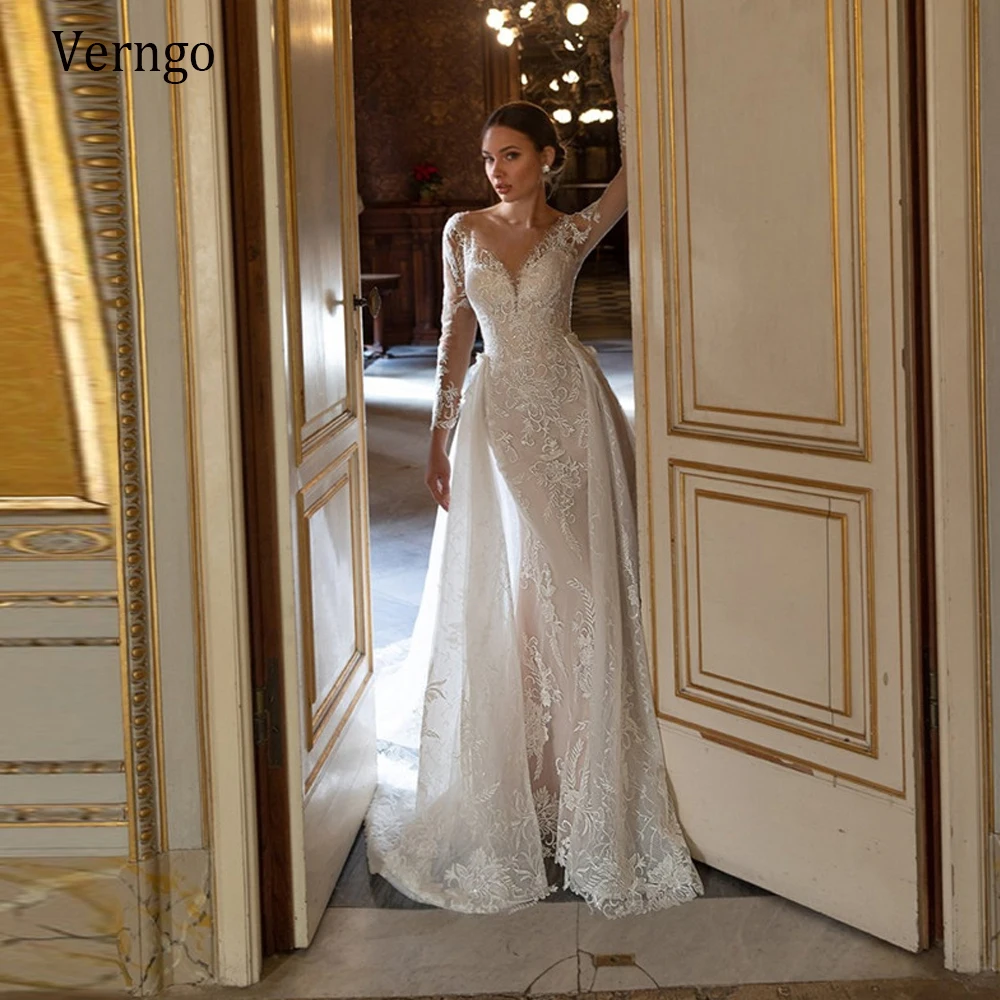 

Verngo 2021 Elegant Lace Applique Mermaid Wedding Dresses With Detachable Train Sheer Neck Long Sleeves Bridal Gown Buttons Back