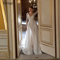 verngo 2021 elegant lace applique mermaid wedding dresses with detachable train sheer neck long sleeves bridal gown buttons back