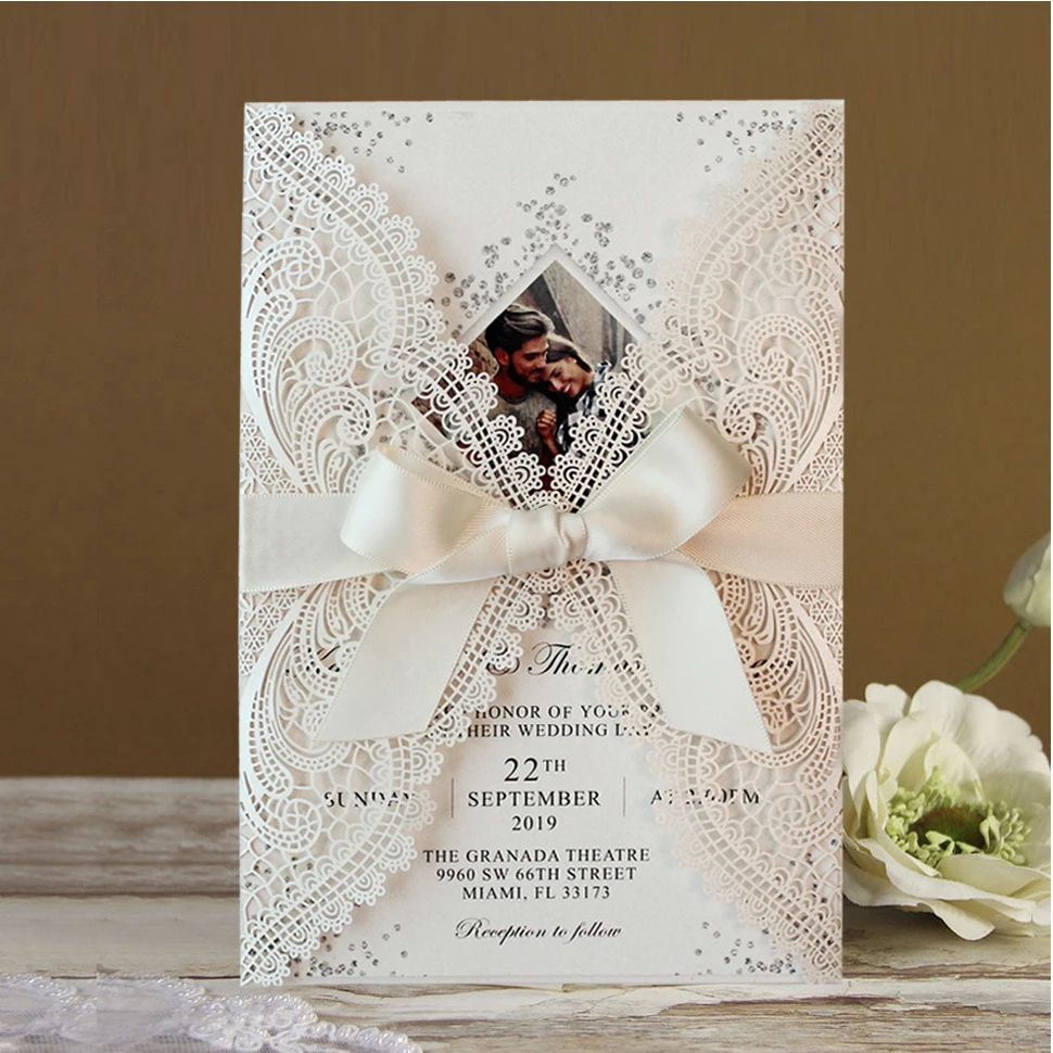 

Picky Bride Laser Cut Wedding Invitations; Off White Lace Wedding Invite Set RSVP Cards Included With Invitation Envelope 50pcs