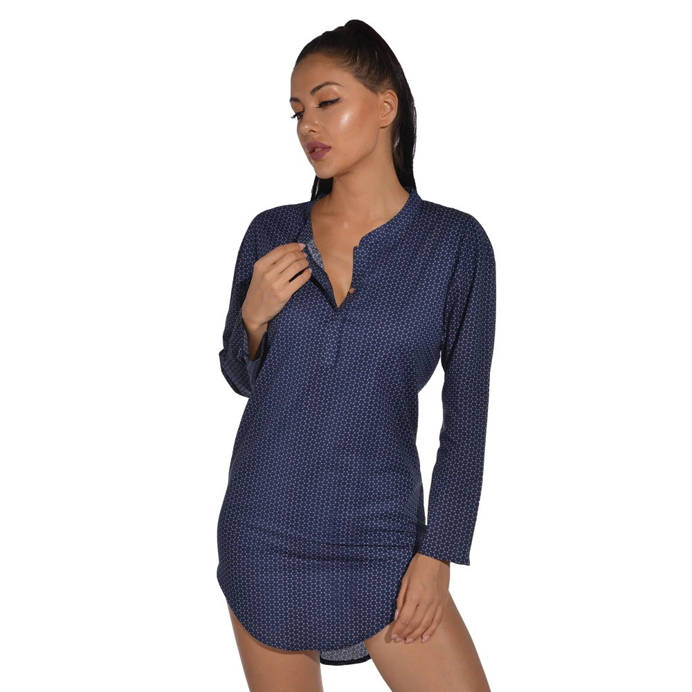 Sleepwear Women Long Sleeves Night Dress Ladies Sexy Thin Nightgown  Autumn Blue V Neck Casual Loose Home Clothing XXL